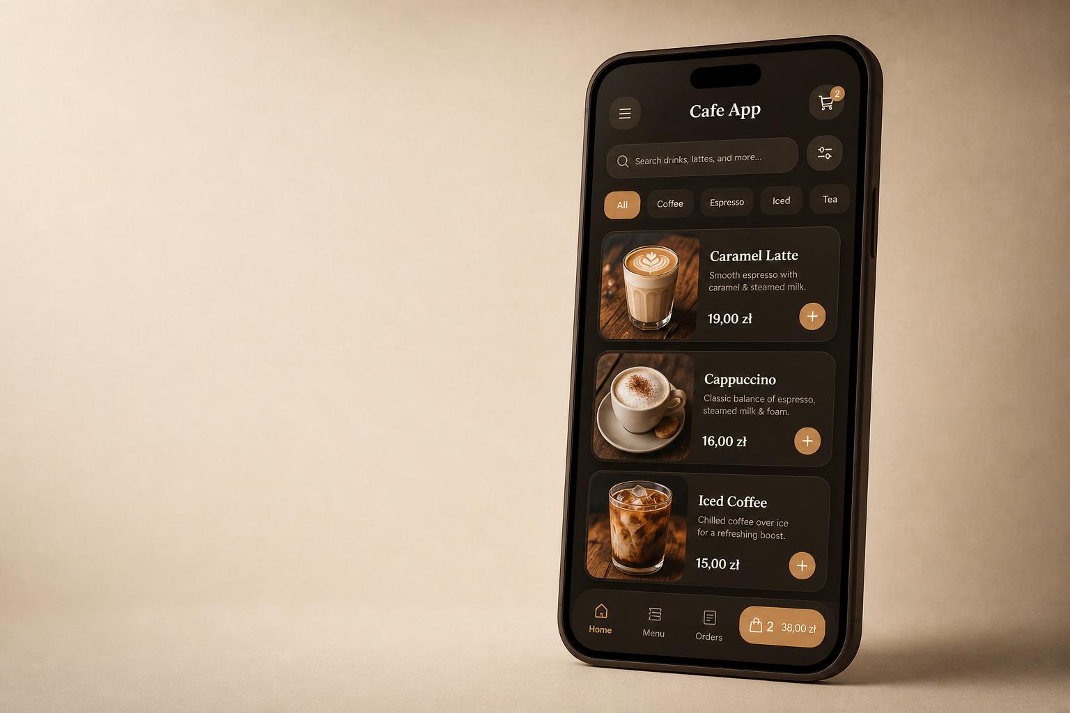 Koncepcyjny interfejs mobilnej aplikacji Cafe App